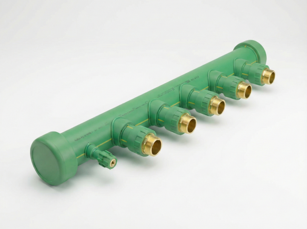 PP-R Su Dağıtım Kollektörü - Kırmızı Vanalı ve Siyah Tapalı Yeşil Plastik Manifold